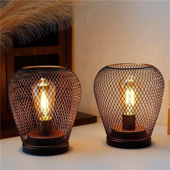 Set of 2 Metal Cage LED Lantern Battery Powered,Cordless Accent Light with LED - Picture 2 of 6